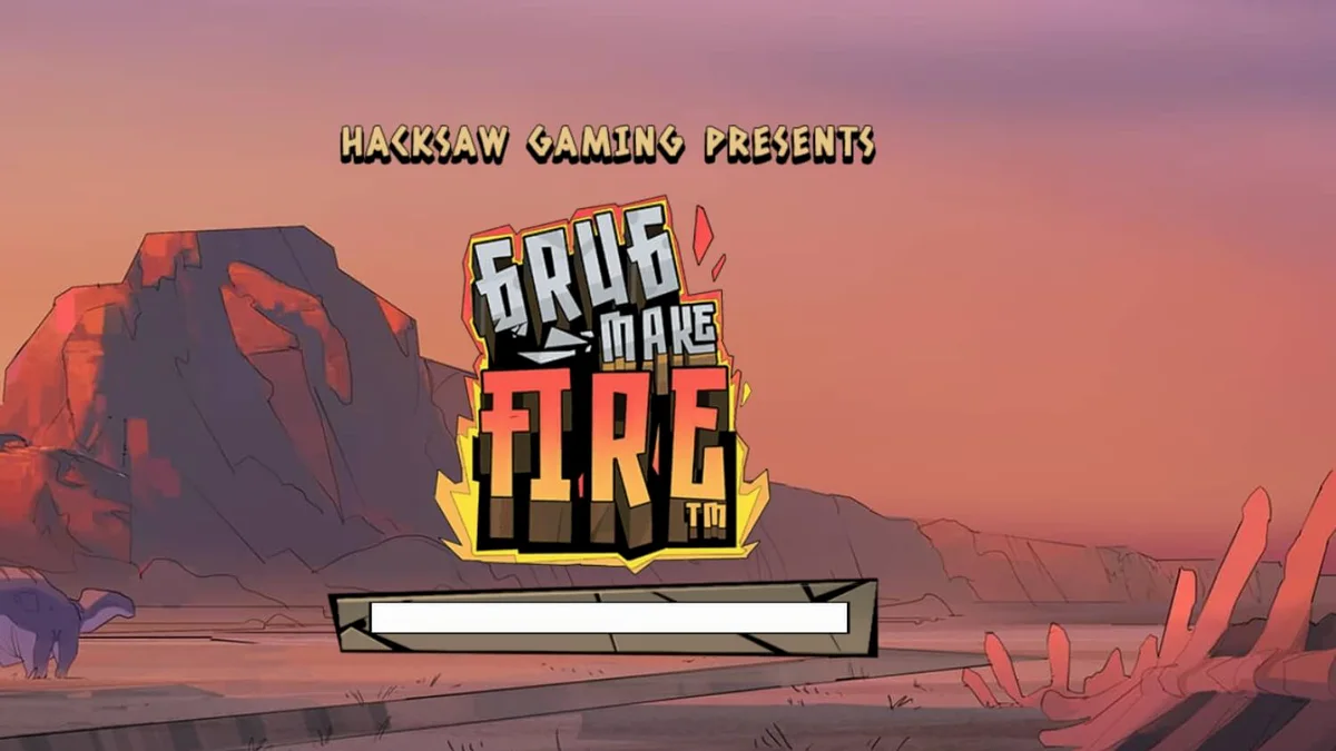Tampilan layar permainan slot Grug Make Fire dari Hacksaw Gaming dengan manusia gua Grug dan simbol-simbol prasejarah yang menyala.
