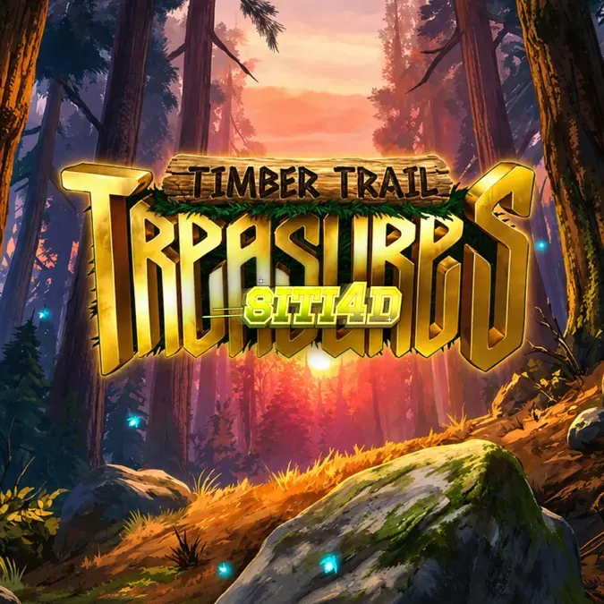 Pemandangan hutan yang tenang dengan elemen kayu dan simbol alam dalam Timber Trail Treasures.